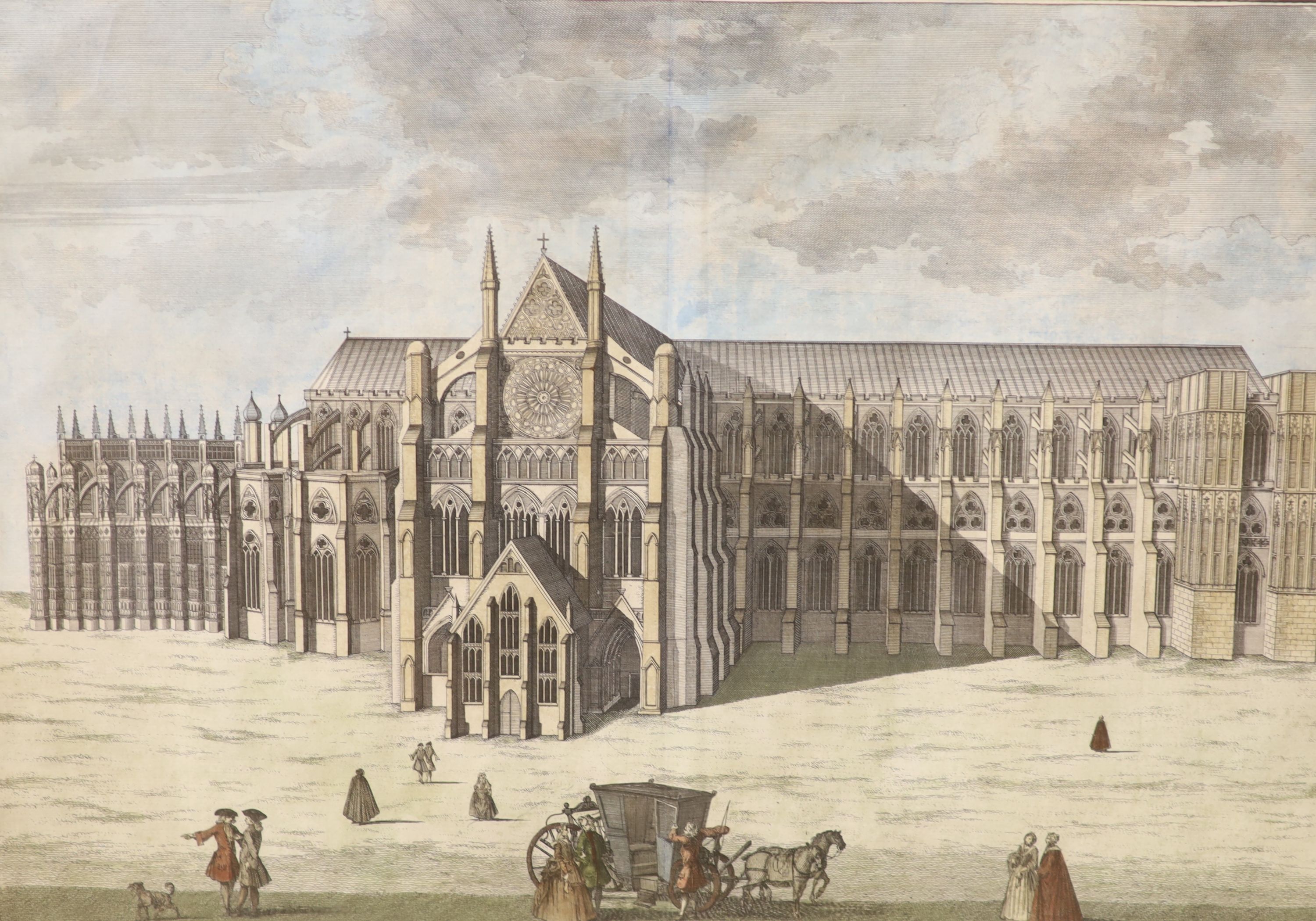 Four assorted 18th century hand coloured engravings of St Paul's Cathedral after Cole and Bowles, largest 32 x 43cm